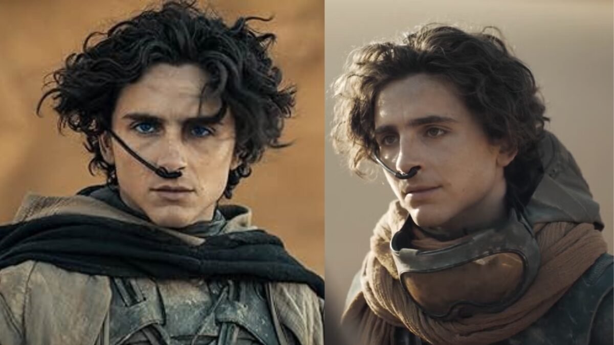 Dune: Part Two movie poster showcasing Timothée Chalamet standing in the vast desert of Arrakis